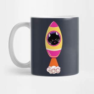 Black kitten flies in the rocket Mug